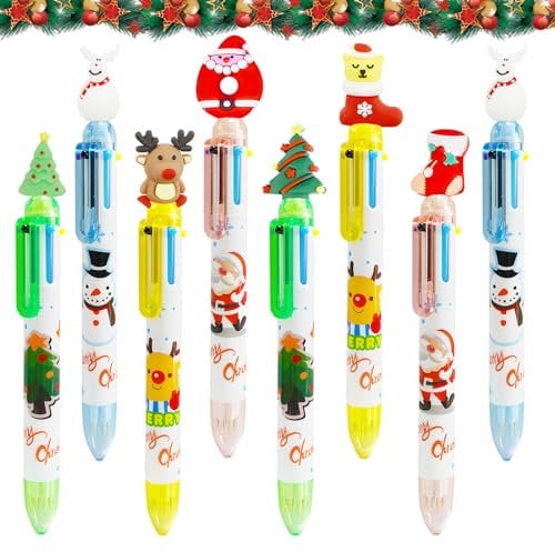 Weihnachts Kugelschreiber 8 Stück, Einziehbare Kugelschreiber 6-in-1, Weihnachtsstifte Multifunktions,Mehrfarbig Stifte,Weihnachtsbaum Schneemann Weihnachtsmann Rentier Marker Stift,Zufälliger Stil