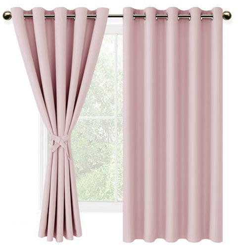 DWCN Blackout Curtains with Tiebacks for Bedroom Thermal Insulated Solid Eyelet Curtains for Living Room,2 Panels,66 Wide x 72 Drop Pink