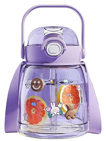 KALWEL, Botella de agua, color morado claro, botellas de agua para niñas, botellas de agua de plástico, botella de agua Kawaii con popote y correa para el hombro, adecuada para compras, citas,