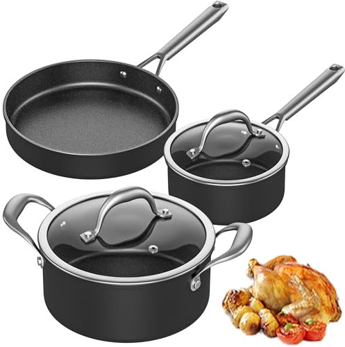 HUIKAILI 5-Pieces Nonstick Pots and Pans Set, Stainless Steel Kitchen Cookware Set with Glass Lids, Pans Set Suitable for All Stoves Include Induction, Includes Frying Pans, Saucepans, Stockpot