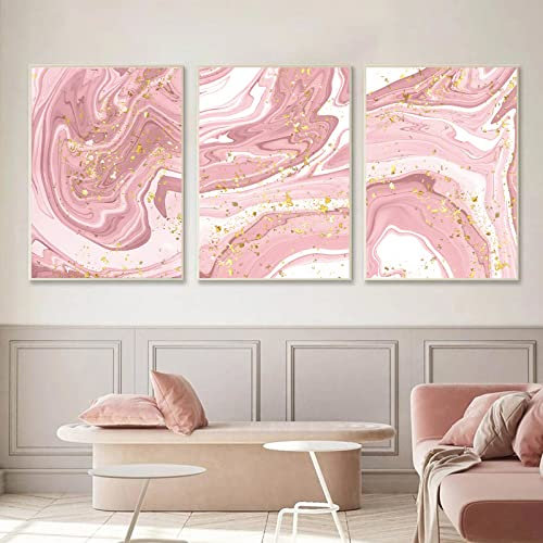 BACJUOPLDArt Lot de 3 toiles murales abstraites en marbre rose et doré avec paillettes dorées, rose poudré, peinture abstraite contemporaine sans cadre, 40,6 x 61 cm
