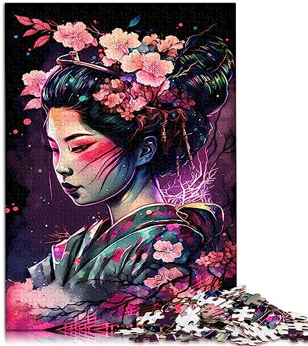 1000 Teile Puzzle für Erwachsene Geisha Neon Kirschblüten-Holzpuzzle Anspruchsvolles schwieriges Puzzle 19,7 x 29,5 Zoll
