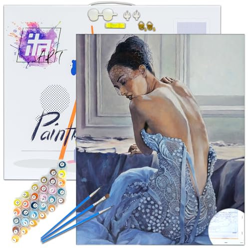 ITA Art Malen nach Zahlen Komplett Set mit Keilrahmen, Acrylfarben, Pinseln, Zubehör, Geschenkbox - DIY Gemälde Bastelset Kit mit Leinwand für Erwachsene, 40x50 cm, 50 Schattierungen von Blau