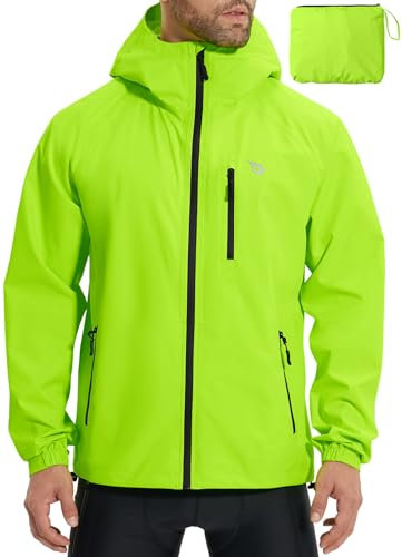 baleaf Herren Fahrradjacke Regenjacke Wasserdicht Windbreaker mit Kapuze 10000mm H2O Wasserdicht Laufjacke Atmungsaktiv Wanderjacke Reflektierend Grün XXXL