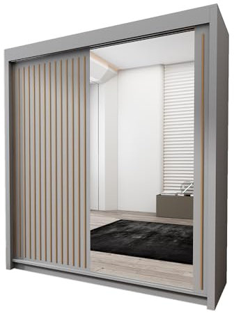 INTERWOOD One Side Mirror Sliding Doors Wardrobe, featuring double sliding Doors, Hanging Rails & Adjustable Shelves, offers Space Saving solutions for Bedroom furniture in Matt finish 203cm(grey)