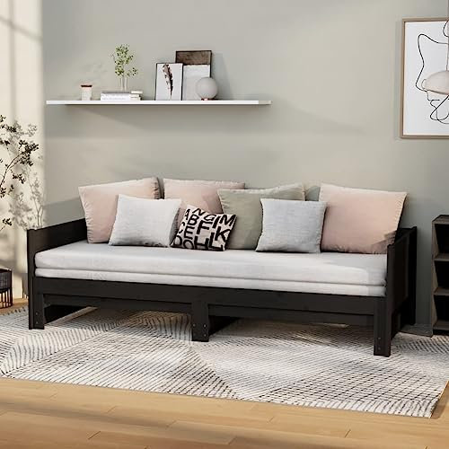 CKioict Tagesbett Doppelbett/Einzelbett Schlafzimmermöbel Ausziehbares Tagesbett Schwarz Massivholz Kiefer 2X(80x200) cmGeeignet für Gästezimmer Schlafzimmer