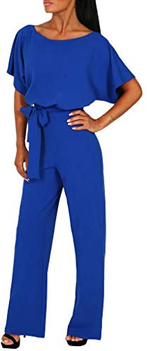 2024 AI Kurzärmliger Playsuit für Damen, Clubwear, gerades Bein, Overall mit Gürtel Paintball Hose (Blue, 3XXL)