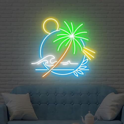 Großes Neonschild Sonnenuntergangs Palme LED Acryl Sommerwellen Neonlicht mit Dimmbarem Schalter, Bar Neonlichtschild für Bar, Geschäft, Kaffee, Hotel, Club, Party, Geschenke für Freunde(Eisblau)