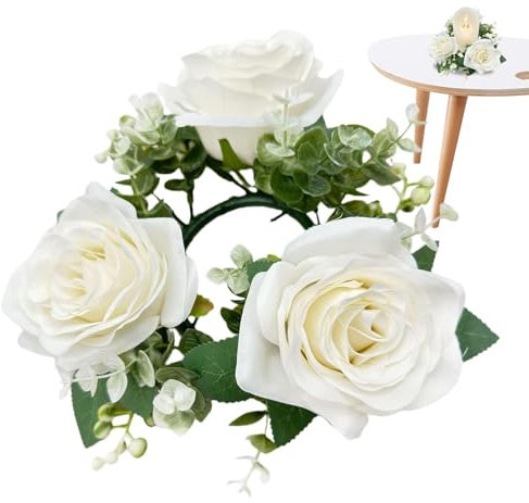 Kixolazr Künstliche Rosenkerzenringe,Kerzenringe Rosen | Florale Kerzenringe | Künstlicher Kranz, Blumenkranz, Stumpenkerzenhalter für Hochzeit, Zuhause, Tür, Tischdekoration