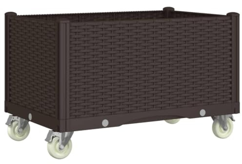 vidaXL Pflanzkasten, Hochbeet mit Rollen Rattan-Optik, Pflanzkübel für Garten Terrasse, Pflanzbeet Gemüsebeet Blumenbeet Blumenkasten, Braun 80x50x54cm PP