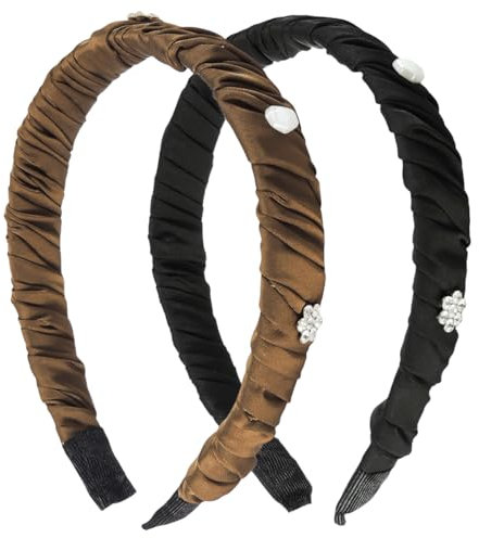 scicent Haarband Mädchen 2 Stück Strass Stirnbänder Elastisch Haarbänder Weich Stoff Stirnband für Damen Verstellbare Kristall Haarschmuck für Frauen und Mädchen(Schwarz+Dunkelbraun)- 29710