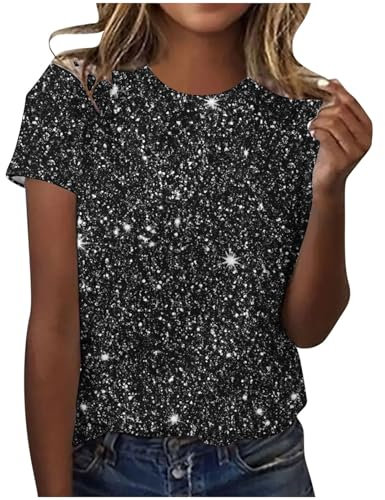 Glitzer Oberteile Damen Party Elegant Tshirt Sommer Lässig Tunika Tops Rundhals Mode Kurzarm Shirt Vintage Pailletten Sommershirts Casual Sport Laufshirt Vintage Leicht Bluse Longshirt