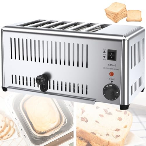 Tostadora Comercial De 6 Rebanadas +5 Velocidades Ajustables, Tostadora De Pan De Hamburguesa, Tostadora Manual Pop-Up, Bandeja Recogedor De Migas Extraíble