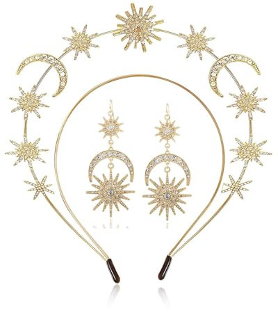 TPZORJX 1 Stück Sterne Kristall Göttin Stirnband - Metall Halo Headpiece Himmlische Kronen Tiaras für Frauen Braut Hochzeit Kostüm Cosplay Party Göttin Zubehör(Mit 1 Paar Ohrringen)
