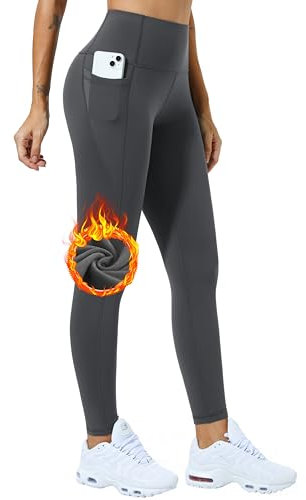 Enjoyoga Thermo Leggings Damen mit Taschen [für Winter] - High Waist Sporthose Laufhose Yogahose Geeignet für Sport und Alltag - S 02(Grau)