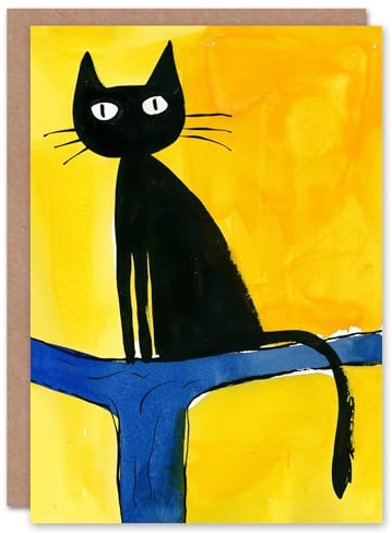 Artery8 Perched On Tree Bold Yellow Blue Black Cat Lover Blank For Him Or Her Art Birthday Card