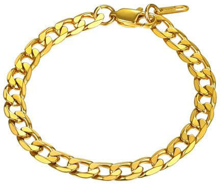 PROSTEEL Panzerkette Armband 6mm breit Herren Armband 18k vergoldet 23cm kubanische Glieder Link Kettenarmband Armkette, gold
