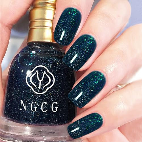 Glitter Blue Nail Polish - Flash Shinny Deep Blue Varnish - Quick Drying & Long Lasting - No Need Baking & Easy to Apply for Women