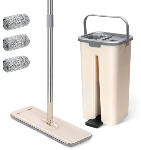 Masthome Balai Serpillère, Balai Plat Microfibre et Seau Essoreur avec 3 Serpillères Réutilisables, Serpillière Rotative avec Manche INOX, Serpillere Professionnel pour Sols Carrelés, Parquets