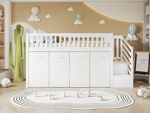 SUKY Letto a castello, in pino+MDF, bianco, 90 x 200 cm, con protezione anticaduta e griglia, con scrivania/guardaroba/armadietti, con 2 armadietti nelle scale