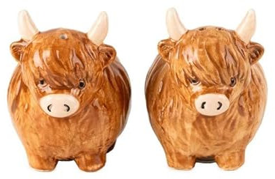 Home Deco London Highland Cow Kitchen Accessory, 3D Ceramic Head Design Novelty Ceramic Brown (Salt & Pepper Pots)