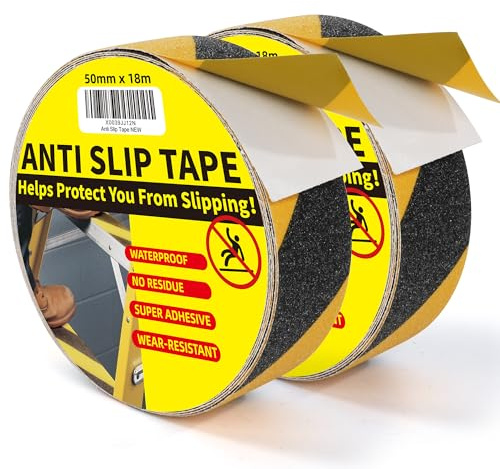 TAPEBEAR Black and Yellow Safety Tape 50mm x 18m, Anti Slip Grip Tape Anti Skid Safety Warning Strips Traction Tape Waterproof for Indoor Outdoor Step, Stairs, Ladder, 2Rolls