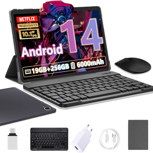 Tablet 10 Pulgadas 19 GB RAM + 256 GB ROM (1 TB TF), Tablet Android 14, Pantalla de Alta definición IPS, 5MP Dual Cámara, Batería 6000mAh, tabletas de Alto Rendimiento 2025, GMS, WiFi (Negro)