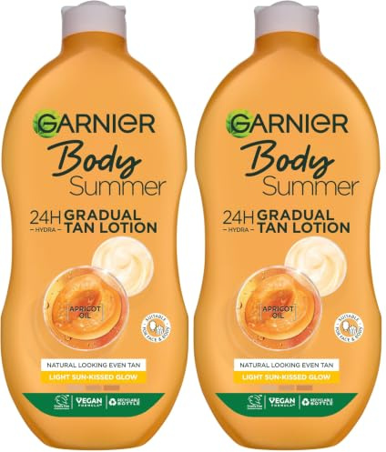 Garnier Summer Body Gradual Tan Moisturiser Light, For A Radiant Sun Kissed Glow, Suitable For Face & Body, 24 Hour Hydration & A Natural Even Tan, Fast Absorption, Vegan Formula, 400ml (Pack of 2)