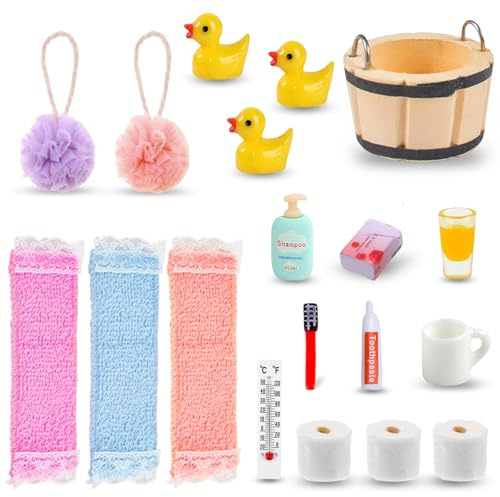 IWTBNOA Wichtel Zubehör Weihnachten, 18 PCS Miniatur Puppenhaus Zubehör Set, Miniatur Bade Set für Wichteltür Weihnachten Deko, Wichtel Wasch Set mit Zahnbürste, Klopapier, Handtuch und Ente