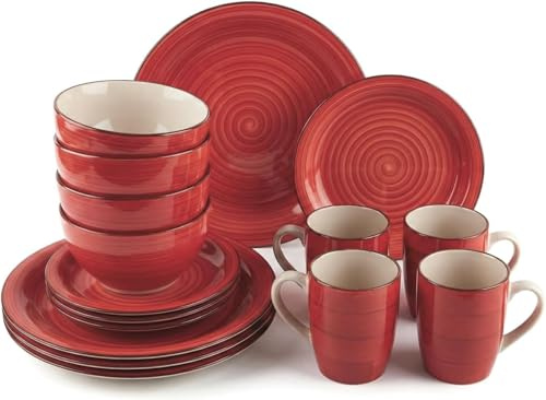 PRADICHI 16 Piece Dinnerware Set for 4 – Round Kitchen Dinner Set with Dinner Plates, Dessert Plates, Cereal Bowls & Mugs – Teal Blue & White Tableware Combination Set (Red)
