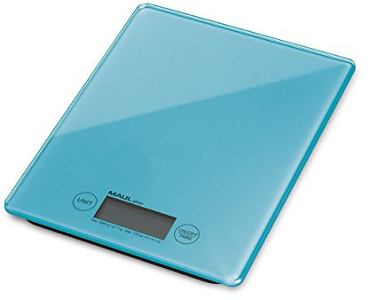 MAUL Briefwaage MAULgloss 16,5 x 17 cm | Waage bis 5kg belastbar | Moderne Küchenwaage mit Glasoberfläche | Automatische Nullstellung und Abschaltautomatik | Inklusive Batterien | Hellblau