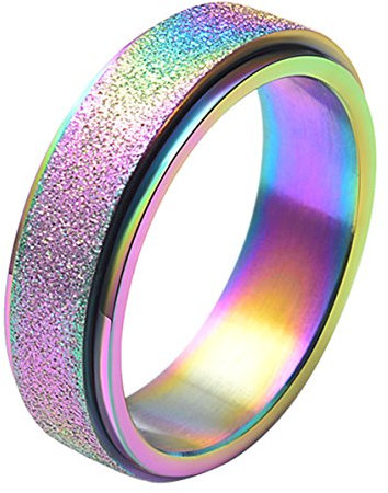 ALEXTINA Damen 6MM Mode Edelstahl Spinner Ring Sand Sprengen Oberfläche Regenbogen Größe 57