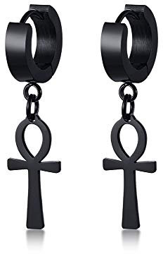 XUANPAI Edelstahl Cool Ohrclips Piercing Edelstahl Ankh Kreuz Charme Baumeln Klappbare Ohrstecker für Männer Frauen Teen Gilrs Boys, Schwarz