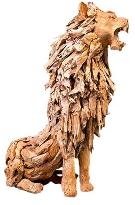 IDYL Teak Holz Figur Löwe sitzend groß | Masse 190 x 100 x 80 cm | Treibholz | Strandholz | Gefertigt in Handarbeit | Wetterfest | Dekoration für Garten und Terrasse