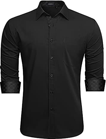 HISDERN Camisas Negras para Hombre Camisas de Vestir Formales de Manga Larga de Corte Regular con Botones y Bolsillo