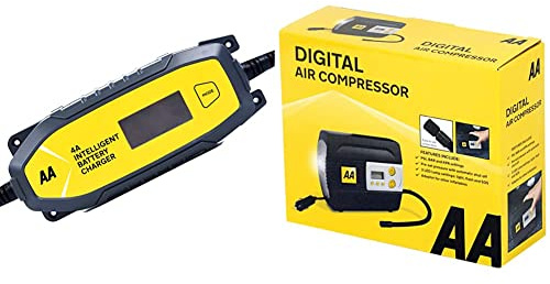 AA AA0725 4A Intelligent Car Battery Charger & 12V Digital Tyre Inflator AA5502 – For Cars Other Vehicles Inflatables Bicycles - Shows PSI BAR KPA 0-120 PSI – Includes Adaptors