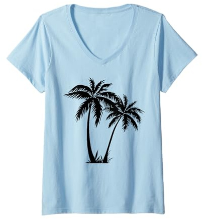 Damen Schwarz Weiß Palmen Sommer Sonne Strand Tshirt Damen Herren T-Shirt mit V-Ausschnitt