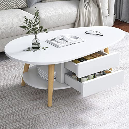 YXDFG Ovaler Couchtisch Aus Holz,2-Schicht-Mode-Couchtische,Mit Offenem Regal Zur Aufbewahrung Und Präsentation Und 2 Schubladen,Für Wohnzimmer Modernes Design Wohnmöbel,White b,90×50×42cm