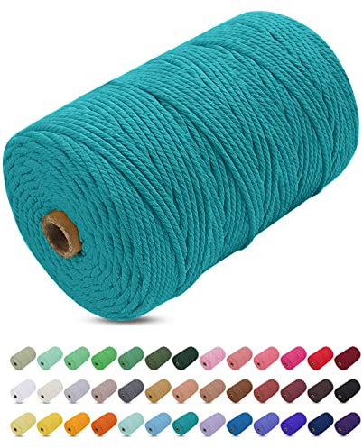 Makramee Garn Pfauenblau, Uiopa Makramee Garn 3mm x 200m Farbig Baumwollkordel Baumwollseil Geflochten Baumwollgarn Baumwollschnur, 4 Stränge Makramee-Garn für Wandbehang, Hängepflanze, DIY Boho Deko