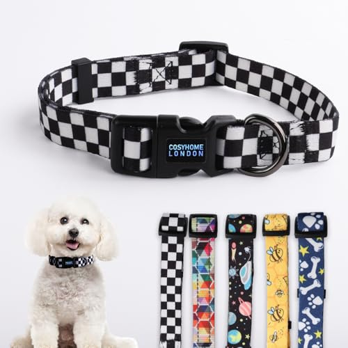 Cosyhome London Hundehalsband mit Karomuster, verstellbar, langlebig, Welpenhalsbänder für kleine, mittelgroße und große Hunde (schwarz-weiße Raster, M)