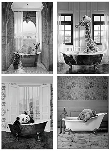 LPFNSF Immagini da bagno, da bagno, motivo: giraffa, elefante nella vasca da bagno, divertente da parete, stampa su tela, poster del bagno, senza cornice. (stile 1,20 x 30 cm x 4)