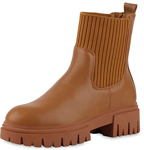 VAN HILL Damen Leicht Gefütterte Schlupfstiefeletten Stiefeletten Blockabsatz Strick Schuhe Plateau Vorne Profilsohle Booties 209749 Hellbraun 38