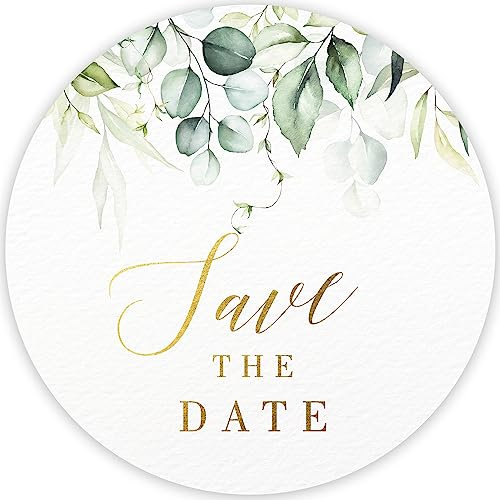 Mobiusea Creation Greenery Save The Date Aufkleber für Umschläge, 3,6 cm, Goldfolie, 108 wasserdichte Einladungsaufkleber für Hochzeit, Brautparty, Geburtstag, Babyparty