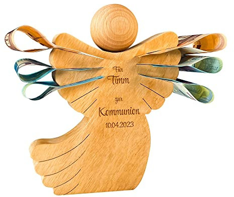 Engel Figur zur Kommunion, Schutzengel mit Gravur, Personalisierte Holzengel Dekofigur, Kommunionsgeschenk, Geldgeschenk für Jungen und Mädchen, Holz Deko Engel, Geschenke zur Kommunion, Holzfigur