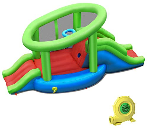 COSTWAY Castillo Hinchable de Rebote, Saltarín con 2 Toboganes y Aro de Baloncesto, Inflable de Escalada y Tobogán con Parches de Reparación y Pelota para Uso en Exteriores (con soplador de 480W)