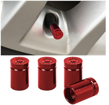 JNNJ 4 Stück Auto Ventilkappen Abdeckung, Autoventil Aluminium Kappen, Ventilkappen Bullet Shell, Reifenventil-Staubkappen Universal Ersatz für Vans Auto(Rot)