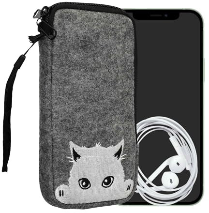 kwmobile Handytasche für Smartphones XL - 6,7/6,8 - Handy Filztasche - Neugierige Katze Grau Weiß - 17,2 x 8,4 cm Innenmaße