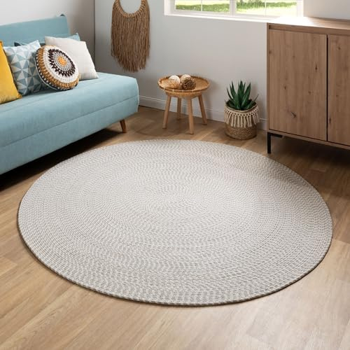 Steffensmeier Handweb Teppich Bali | 100% Baumwolle, Grau Creme, handgefertigt, Größe: Ø 120 cm | Flur, Eingangsbereich, Wohnzimmer