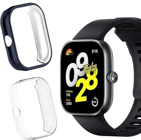 KZIOACSH [2 Pezzi] Cover per Xiaomi Redmi Watch 4 + Pellicola Vetro, Custodia per TPU Proteggi Schermo [Copertura Completa] Vetro Temperato-(Blu Inchiostro + Trasparente)