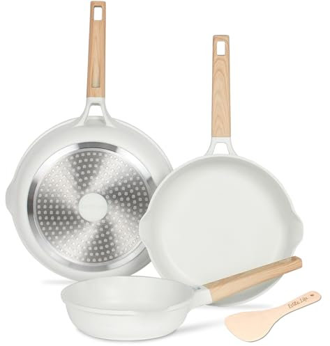 ESLITE LIFE Set di padelle antiaderenti con rivestimento in granito salutare per uova, omelette, pentole in pietra, senza PFOA (crema, 4 pezzi)
